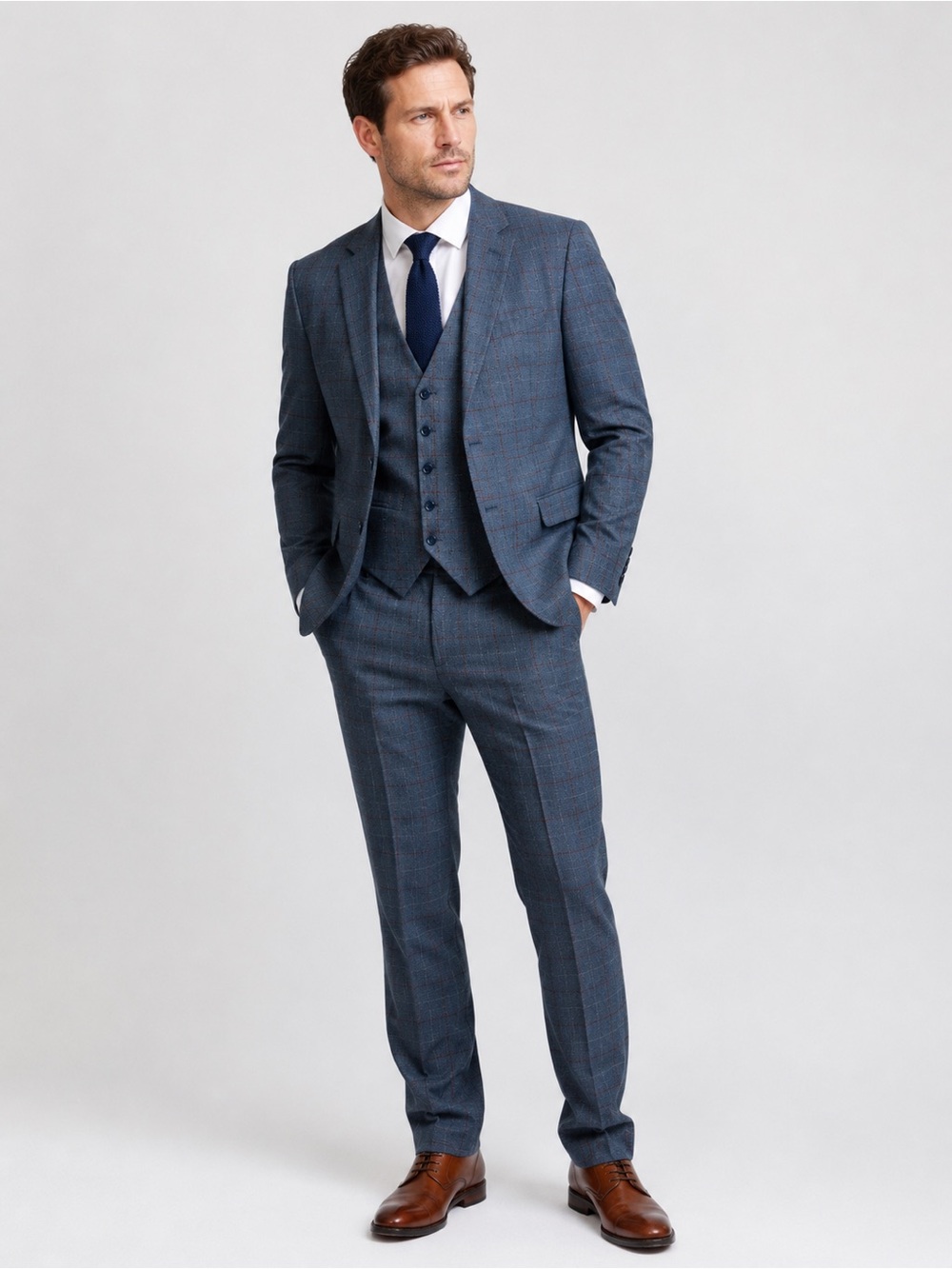 ▶️ Giorgio Fiorelli 3 Pc Suit Gray Blue Windowpane Slim Fit Mens 36R 30W Vest